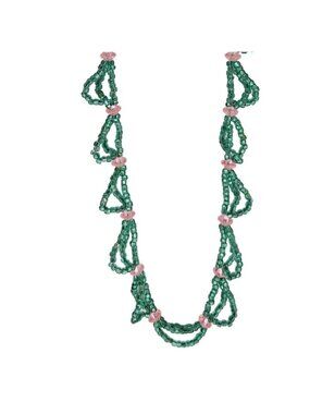 Vintage Beaded Necklace Boho Green Pink Accents Retro 70s Fashion Jewelry Women